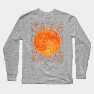 Harvest Moon as seen through latticework of Autumn Leaves Long Sleeve T-Shirt